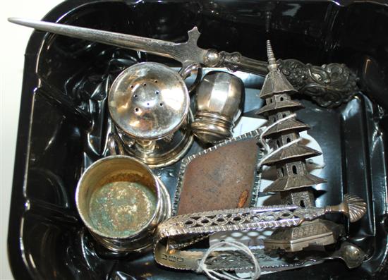 Chinese Export silver miniature pagoda (Hung Chong), silver sigar tongs, pin cushion etc